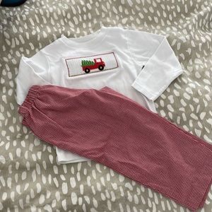 Pants shirt Christmas set smocked Christmas truck tree 2pc